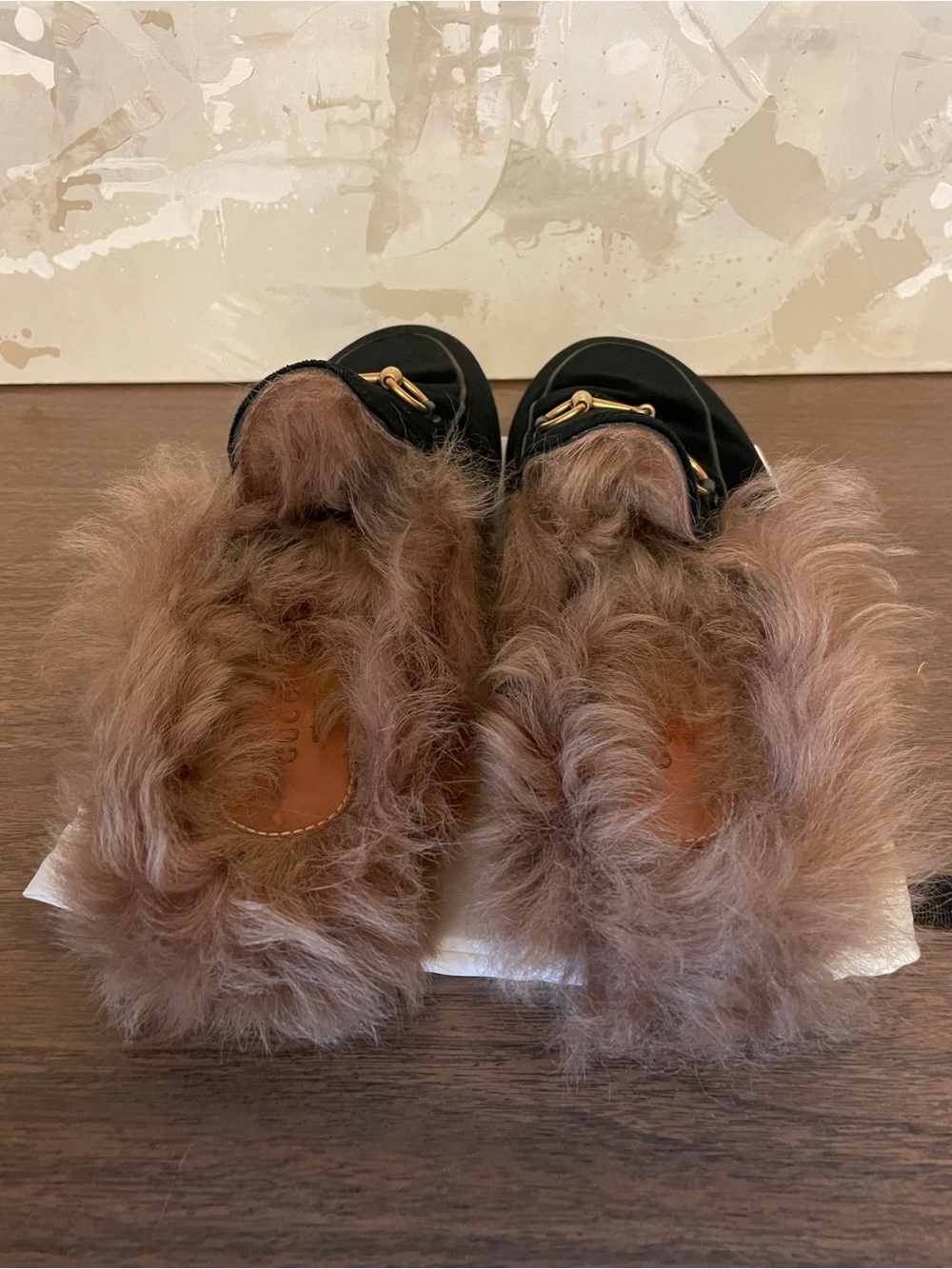Gucci Princetown Black Velvet Fur-Lined Loafer Mules/Slippers with Gold Horsebit - Picture 2 of 9